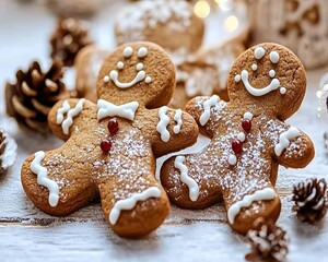Two cheerful gingerbread cookies on a festive table with pinecones.