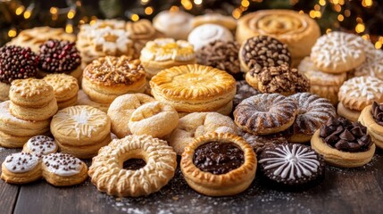 Fototapeta premium Various delicious cookies and pastries on a wooden table with festive background.