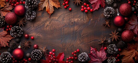A vibrant display of red ornaments, pine cones, and autumn leaves creates a cozy atmosphere, perfect for celebrating the winter season on a rustic wooden background. Copy space