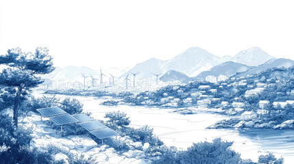 Obraz premium Wind turbines on the edge of the city, illustration style