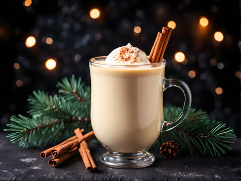 Christmas Hot Drink. Eggnog with Cinnamon in Glass with Branches Fir Tree on Dark Background