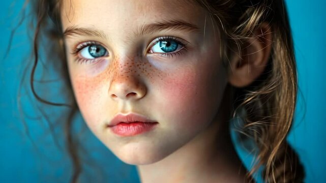 A young girl with blue eyes and freckles stares intently at the camera