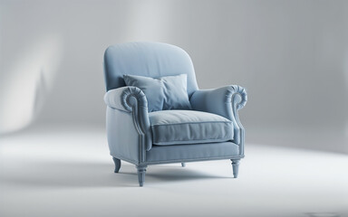 Elegant light blue armchair with soft cushioning and detailed upholstery, featuring rolled armrests and a classic design, set in a minimalistic studio environment