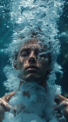 Man Underwater with Bubbles - Calm and Serene Portrait