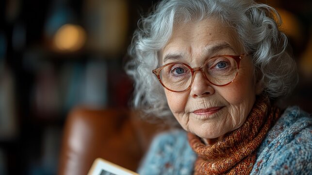 elderly woman with nostalgic expression holding and gazing at vintage photographs reminiscing past memories symbolizing the challenges of dementi and alzheimers disease.stock image
