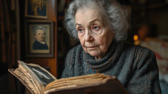 elderly woman with nostalgic expression holding and gazing at vintage photographs reminiscing past memories symbolizing the challenges of dementi and alzheimers disease.illustration