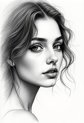 Naklejka premium Elegant Close-Up Portrait of a Young Woman: Captivating Hatching Style Drawing with Dark Lines on White Paper, Showcasing Intricate Hair Details and Expressive Features