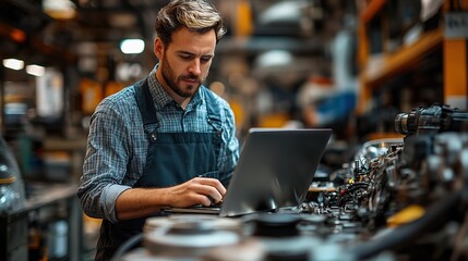 engineer in work uniform using laptop in car factory managing supply chain and ordering car parts.image