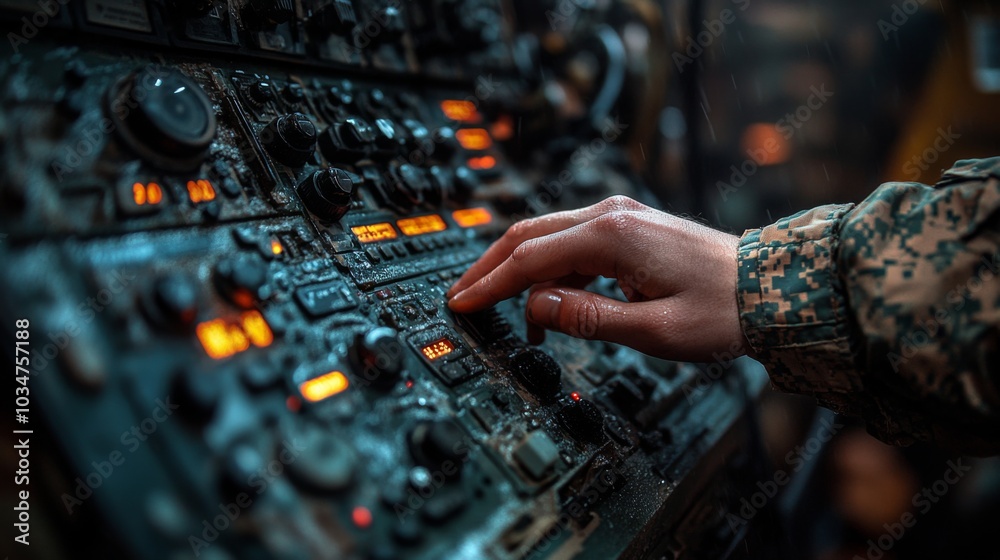 Leinwandbilder A service member skillfully adjusts settings on advanced communication equipment in a command center during evening training exercises, surrounded by various controls and lights.