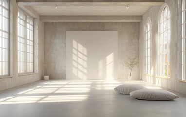 A visually striking 3D design of an empty contemporary studio featuring a plain backdrop and ample natural light