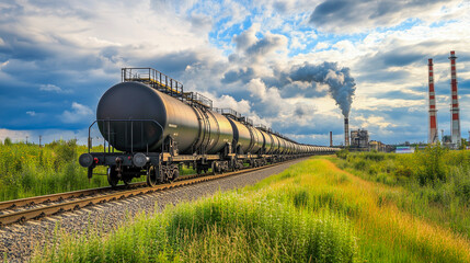 Naklejka premium oil transportation by train, large black tankers on a railway track, moving through industrial landscapes, under a cloudy sky