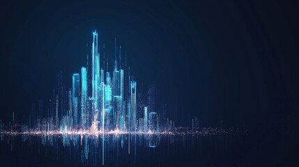 Modern city with 3D-rendered buildings, digital signals moving between smart city structures, futuristic transportation and technology