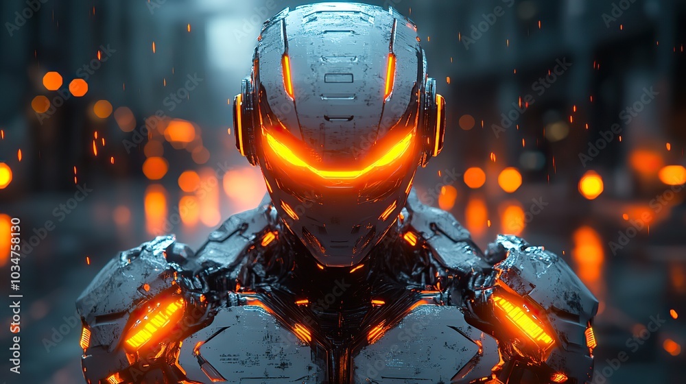 Poster gaming avatar featuring an aggressive robot character concept with sharp edges glowing eyes and mena