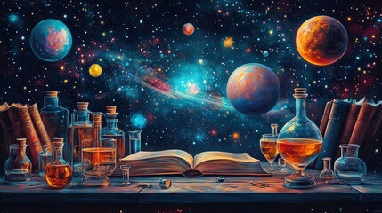 Obraz premium Atlas of chemical reagents, universe, planets, and atoms