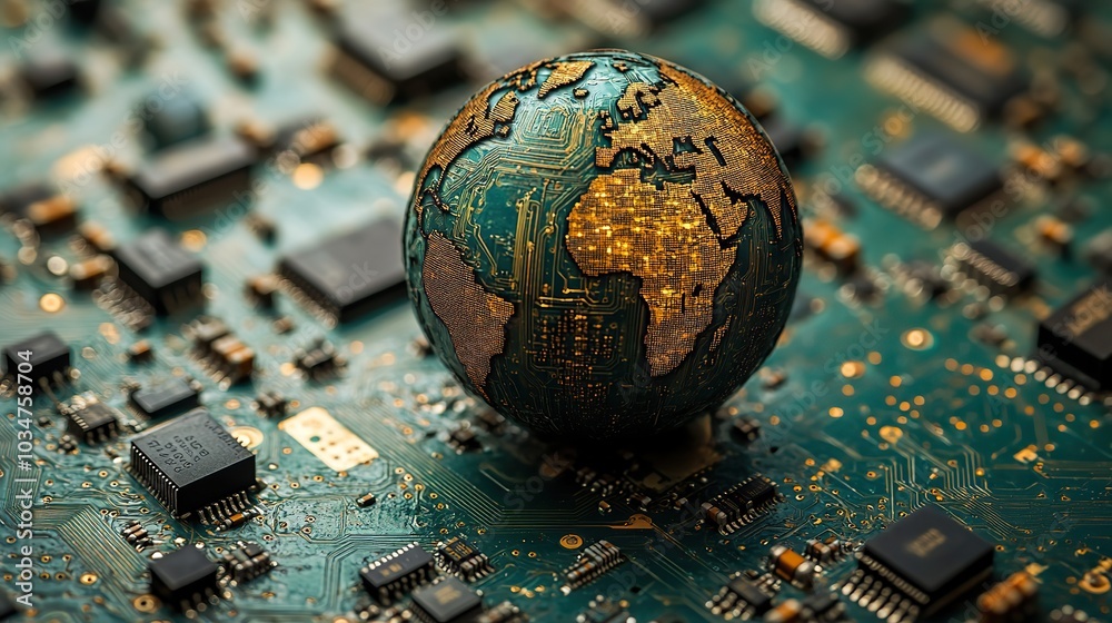 Poster globe crafted from circuit boards and microchips symbolizing the integration of electronics in every