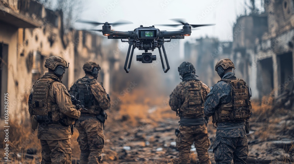Poster four armed soldiers are positioned in a devastated urban area, focusing on a drone that hovers above