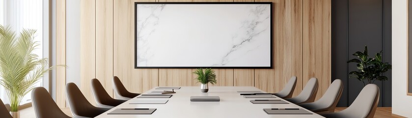 Modern conference room with a long table and comfortable chairs, featuring a large whiteboard and warm wooden accents for a professional setting.