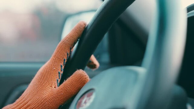 Frustrated driver in protective gloves gripping steering wheel during evening rush hour traffic jam. Close-up on tired worker's hands showing tension and impatience in urban industrial setting