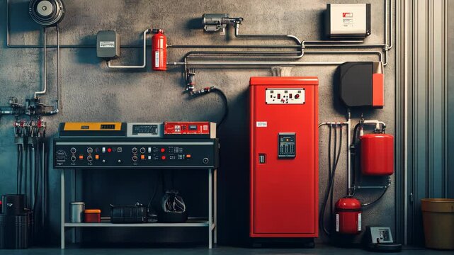 A red fire suppression system in an industrial building, with various components like fire extinguishers and control panels