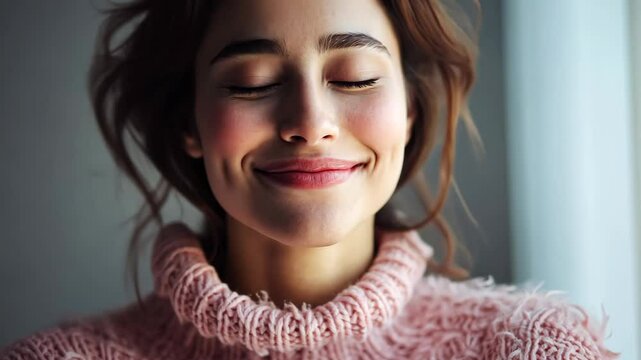 A woman in a pink sweater smiles with her eyes closed