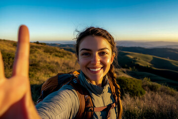 Naklejka premium A smiling woman takes a selfie while hiking in the evening light, waving her hand at the camera in a close-up shot.