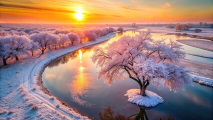 Serene Spring Sunset Over a Frozen Landscape with a Blooming Almond Tree and Flowing River