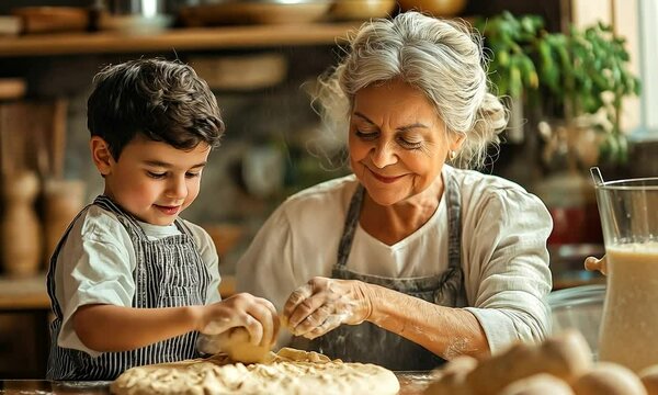 Grandma teaching grandson to make pizza dough