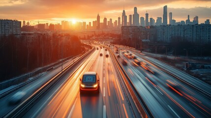 Fototapeta premium Futuristic cars speeding on highway at sunset with city skyline