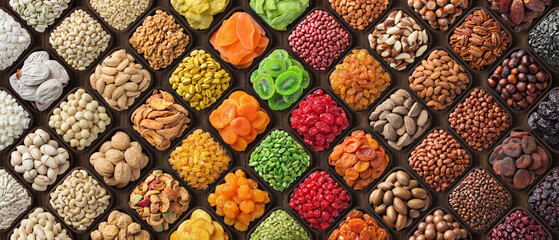 assorted nuts and dried fruits, colorful food background.