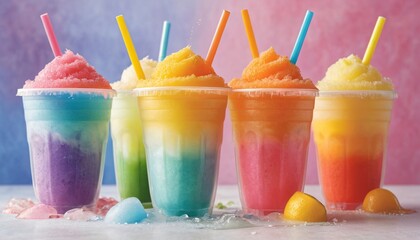 Colorful slushie drinks with straws in plastic cups, summer refreshment concept