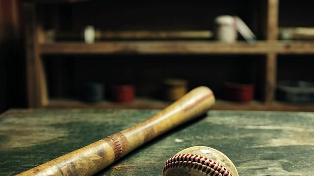 A wooden baseball bat and ball lay on a table in a workshop