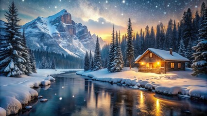 Fototapeta premium Serene Winter Landscape with Cozy Cabin by Flowing River and Snow-Covered Mountains - Tranquil Nature Scene, Winter Wonderland, Peaceful Retreat, Cabin Life, Scenic Beauty, Snowy Adventure