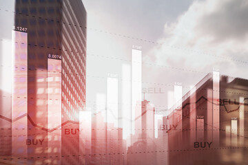 Double Exposure of Stocks Market Chart and Hong Kong city. Sell and By Concept.