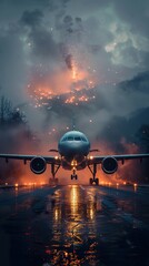 Airplane Landing at Night with Lights and Fog