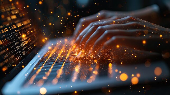 hands typing on laptop with code overlay representing dat science programming and machine learning.image