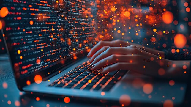hands typing on laptop with code overlay representing dat science programming and machine learning.illustration