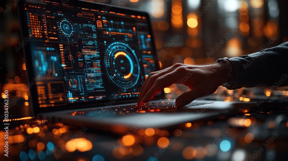 Poster hands typing on laptop with dat visualization overlays representing dat analytics and processing