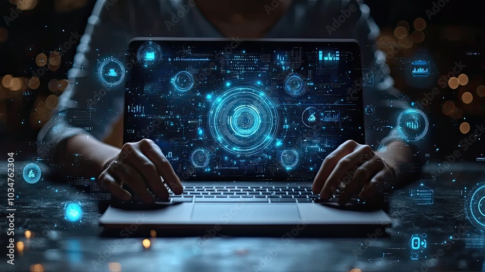 Poster hands typing on laptop with dat visualization overlays representing dat analytics and processing.sto