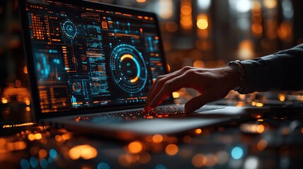 hands typing on laptop with dat visualization overlays representing dat analytics and processing