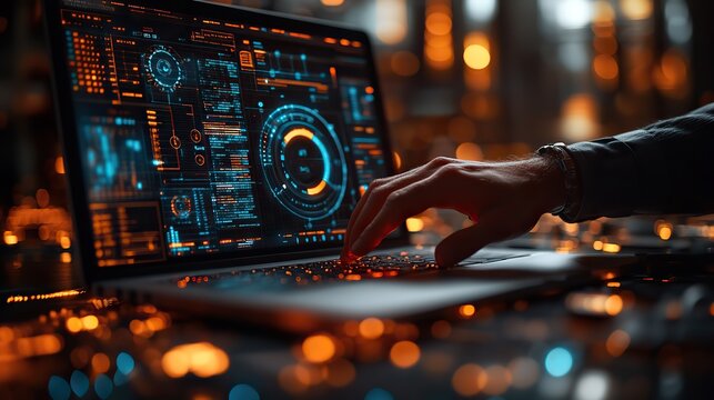 hands typing on laptop with dat visualization overlays representing dat analytics and processing