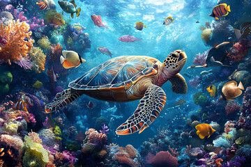 Obraz premium turtle with group of colorful fish and sea animal with colorful coral under sea water