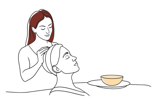 recommend clip art: Woman receiving a facial treatment at a serene spa setting isolated continuous line art flat vector illustration on white background.