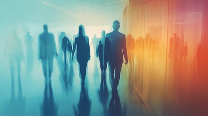 Light-based silhouettes of business figures in a collaborative environment, double exposure with fluid gradient transitions