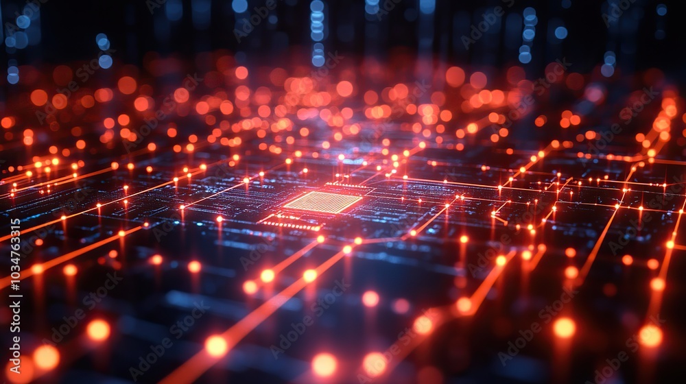 Poster high tech circuit boards and microchips interconnected symbolizing global communication networks and