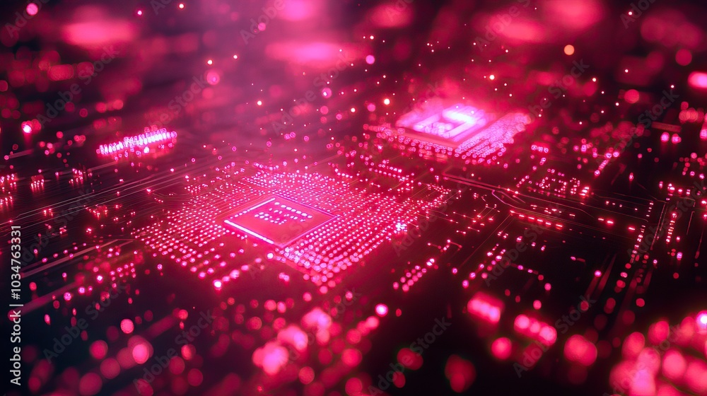 Poster high tech circuit boards and microchips interconnected symbolizing global communication networks and