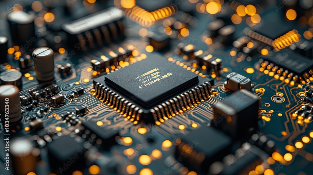 Poster high tech circuit boards and microchips interconnected symbolizing global communication networks and