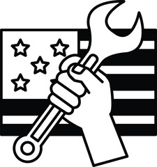 A hand holding a wrench in front of an American flag