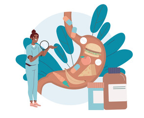 Doctor analyzes stomach. Woman in medical uniform with magnifying glass evaluates contents of stomach. Healthcare and medicine. Diagnosis and treatment. Flat vector illustration