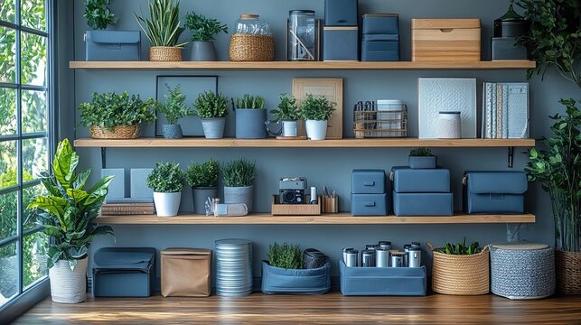 home space organization concept featuring neatly arranged shelves with various items showcasing effective shelf management and organizing techniques for clutter free living space.stock image