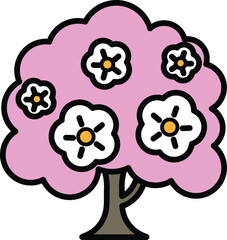A tree with pink flowers is drawn in a cartoon style